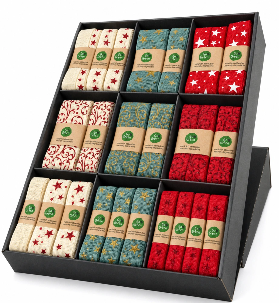 Vánoční ornament Cream Red – bavlněná stuha krémová s červeným potiskem 25mm x 2m