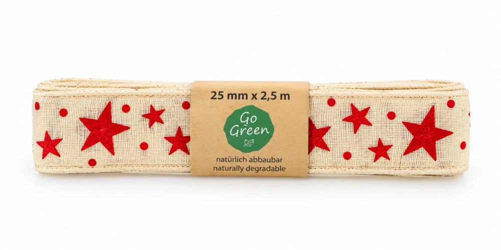 Stuha vánoční ADVENTNÍ HVĚZDY krémová s červenými hvězdami 25mm x 2m