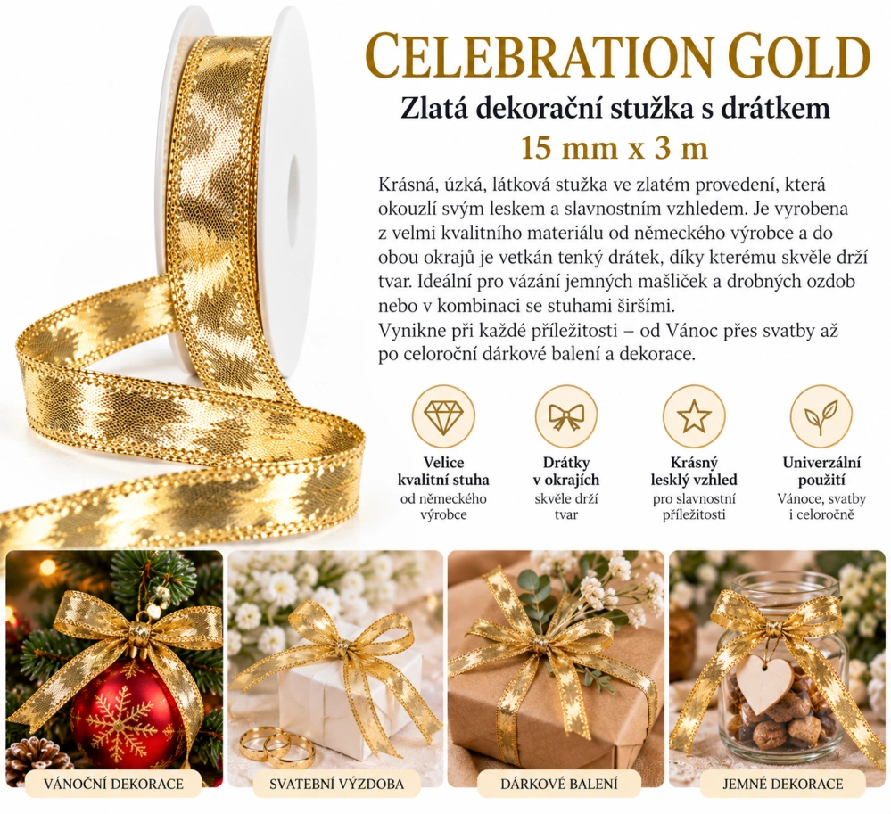 10x Stuha zlatá CELEBRATION GOLD lesklá 10x (15mm x 3m)