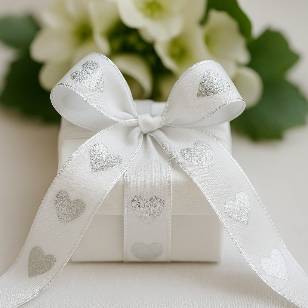 Taftová stuha Silver Hearts White – bílá 25mm x 2m