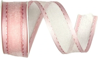 Stuha organzová CHAMPAGNER Soft Pink prošívaná růžová 25mm x  2m (12,-Kč/m)