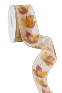 Průsvitná taftová stuha s podzimními listy 40mm x 3m (10,-Kč/m)