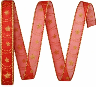 Stuha vánoční HARMONY RED – červená se zlatým potiskem 15mm x 2m (6,- Kč/m)