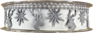 Vánoční stuha girlandová DEER+EDELWEISS stříbrná 25mm x 5m (14,-Kč/m)