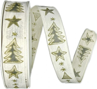 Stuha vánoční TREES & STARS bílá  25mm x 20m ( 10,50Kč/m)
