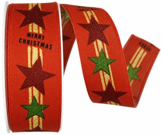 Vánoční stuha STAR CHAIN RED 40 mm x 20m s hvězdami a třpytivým zlatým pruhem