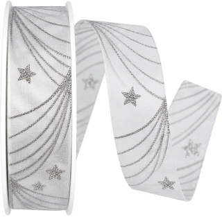 Stuha vánoční taftová CHRISTMAS CURTAIN bílá se stříbrným třpytem 25mm x 20m