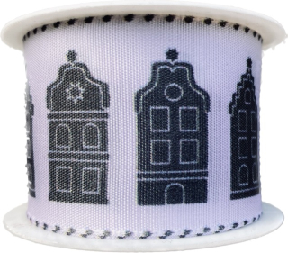 Vánoční stuha taftová DOMEČKY 40mm x 2m (13,-Kč/m)