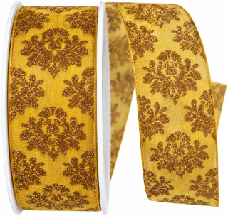Stuha vánoční taftová ROYAL NIGHT GOLD šafránová se zlatým třpytem 40mm x 20m