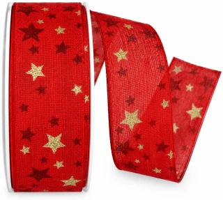 Stuha vánoční CELESTIAL RED červená se zlatými hvězdami 40mm x 20m