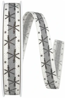 Stuha vánoční bavlněná CRAZY SNOWFLAKES SILVER bílá se stříbrnými vločkami 15mm x 20m