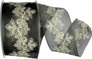 Stuha organzová BLACK POETRY černá s potiskem 60mm x 15m A (10,-Kč/m)