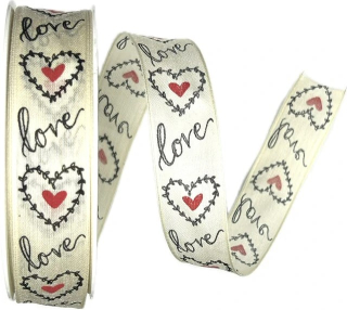 Bavlněná stuha Love & Hearts – krémová 25mm x 20m