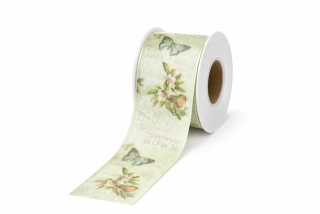Taftová stuha Whispering Meadow – Butterflies & Birds 40mm × 20m