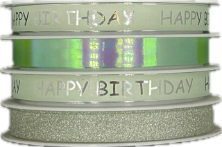 Stuha vázací Multi HAPPY BIRTHDAY stříbrná 4 x 10mm x 4m