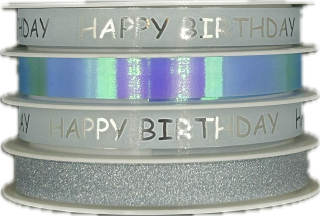 Stuha vázací Multi HAPPY BIRTHDAY stříbrná 4 x 10mm x 4m