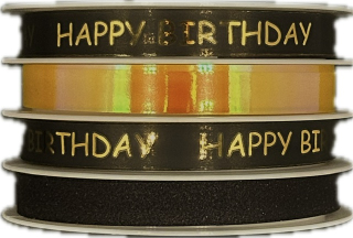 Stuha vázací Multi HAPPY BIRTHDAY černá 4 x 10mm x 4m