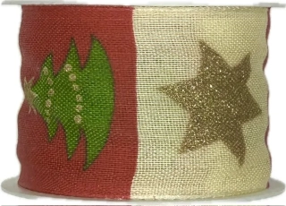 Vánoční stuha krémová STARS and TREES 40mm x 20m