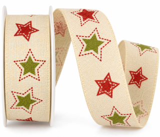 Stuha vánoční bavlněná HAPPY STARS krémová 25mm x 2m