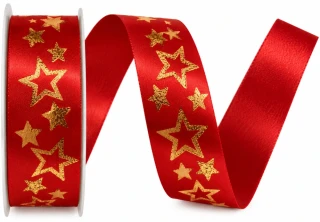 Stuha vánoční saténová GLAMOUR STARS RED červená 25mm x 2m (12,-Kč/m)