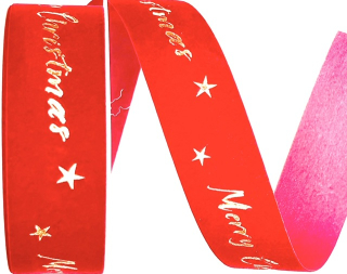 Stuha vánoční sametová VELUTTO MERRY CHRISTMAS RED červená 25mm x 3m (10,-Kč/m)