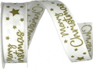 Stuha vánoční MERRY CHRISTMAS WHITE bílá 25mm x 2m (12,-Kč/m)