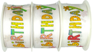 AKCE 2+1 zdarma- Stuha narozeninová HAPPY BIRTHDAY bílá 40mm x 2m (cena za 3ks)