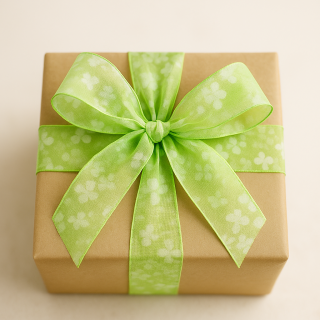 GREEN GARDEN MIST – taftová stuha zelená s květinovým potiskem 40mm × 2m