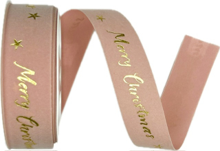 Stuha vánoční sametová VELUTTO MERRY CHRISTMAS PINK růžová 25mm x 3m (10,-Kč/m)