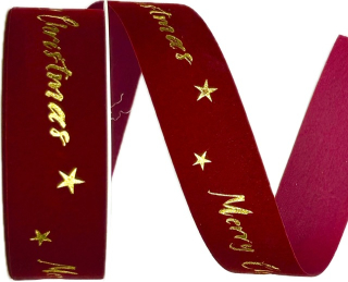 Stuha vánoční sametová VELUTTO MERRY CHRISTMAS BURGUNDY bordó 25mm x 3m (10,-Kč/m)