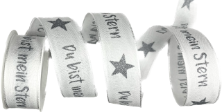 Stuha taftová TY JSI MÁ HVĚZDA bílá stříbrný potisk 25mm x 3m (3,30 Kč/m)