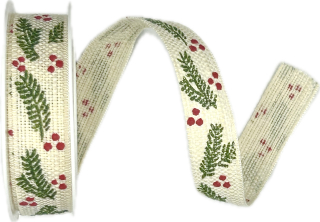 Stuha vánoční HOLLY CHARM CREME krémová 15mm x 4m (7,-Kč/m)