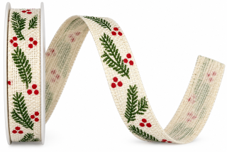 Stuha vánoční HOLLY CHARM CREME krémová 15mm x 4m