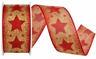 Stuha vánoční GLAMOUR STAR RED červená 40mm x 2m (14,-Kč/m)