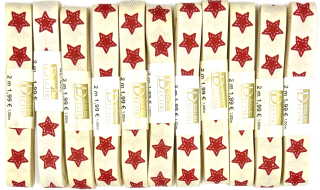 10x Stuha vánoční COTTON RIBBON STARS – NATURAL RED béžová 15mm x 2m (8,-Kč/ks)(4,-Kč/m)