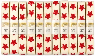 POSLEDNÍ KUSY!10x Stuha vánoční COTTON RIBBON STARS – NATURAL RED béžová 15mm x 2m (8,-Kč/ks)(4,-Kč/m)
