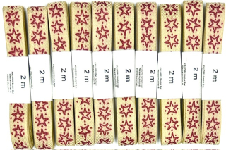 Sada 10x Vánoční stuha skládaná RED STAR NATUR potisk hvězdy červené 15mm x 2m (4,- Kč/m) (8,-Kč/ks)