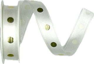 Saténová stuha GOLDEN DOTS WHITE bílá 15mm x 3m (7,-Kč/m)