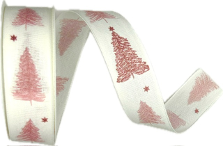 Stuha vánoční WINTER TREE BLUSH PINK bílá 25mm x 2m (12,-Kč/m)
