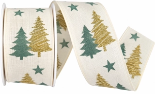 Stuha vánoční Golden Pine Glow – White bílá 40mm x 2m (14,-Kč/m)