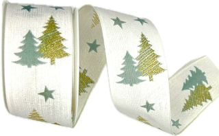 Stuha vánoční Golden Pine Glow – White bílá 40mm x 2m (14,-Kč/m)