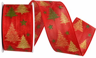 Stuha vánoční Golden Pine Glow – Red červená 40mm x 2m (14,-Kč/m)