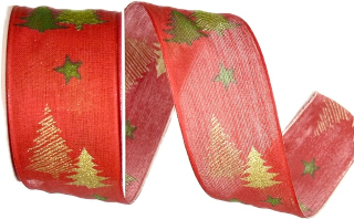 Stuha vánoční Golden Pine Glow – Red červená 40mm x 2m (14,-Kč/m)