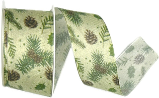 Vánoční bavlněná stuha Pine Whisper – Natural Green zelená 40mm x 2m (13,-Kč/m)