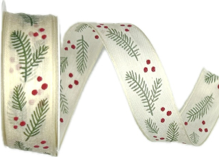 Stuha vánoční  Holly Breeze krémová 25mm x 3m (9,-Kč/m)