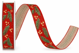 Stuha vánoční HOLLY CHARM RED červená 15mm x 4m