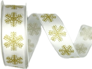 Stuha vánoční WINTER GOLD FLAKES WHITE bílá 25mm x 3m (10,-Kč/m)