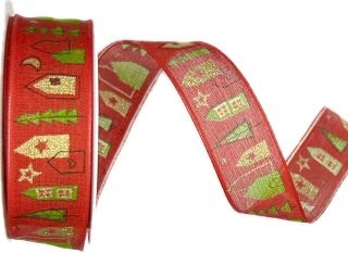 Stuha vánoční WINTER VILLAGE RED červená 25mm x 2m (13,-Kč/m)