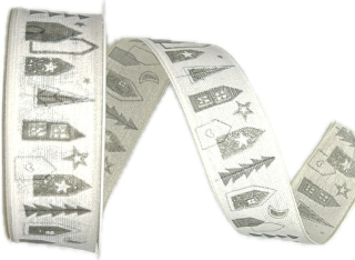 Stuha vánoční WINTER VILLAGE WHITE bílá 25mm x 2m (13,-Kč/m)