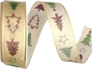 Stuha vánoční TWINTREE SPARKLE CREAM krémová 25mm x 3m (10,-Kč/m)